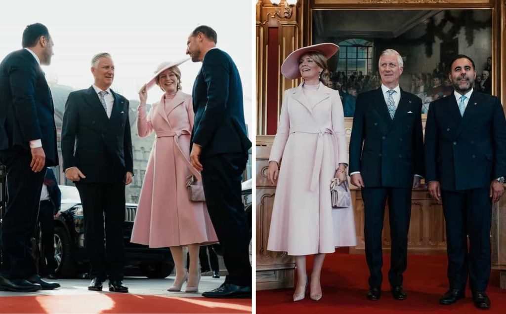 Белгийската кралица с бледорозови дрехи и аксесоари при пристигането в Осло.