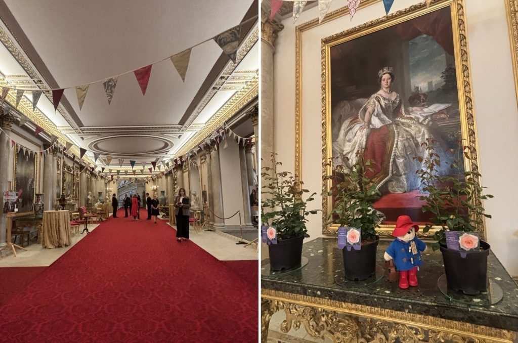Мраморната зала в Бъкингамския дворец, украсена с гирлянди от флагчета за събитието.