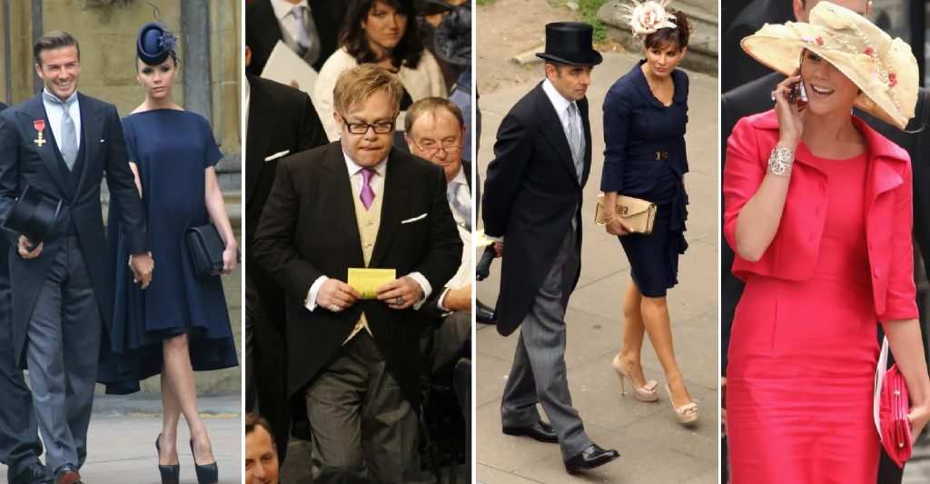 Колаж със снимки на известни гости на кралската сватба, включително Дейвид и Виктория Бекъм и Елтън Джон.