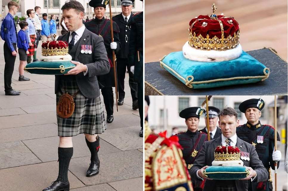 Колаж от снимки, показващ короната върху кадифена възглавница.