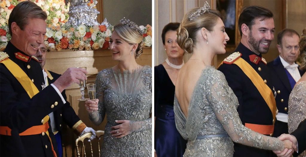 Стефани в сребриста дантелена рокля на Elie Saab на гала вечерята с великия херцог Анри и Гийом